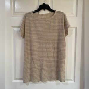 EILEEN FISHER Organic Linen Oversized Beige Striped Lagenlook Blouse XS